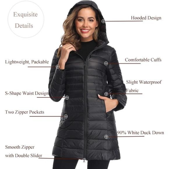 Women's Plus Size Packable Down Jacket: Ultralight Hooded Puffer Coat - Picture 4 of 8
